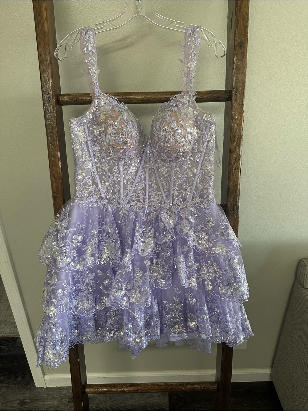 Sherri Hill Lilac Floral Lace Mini Dress